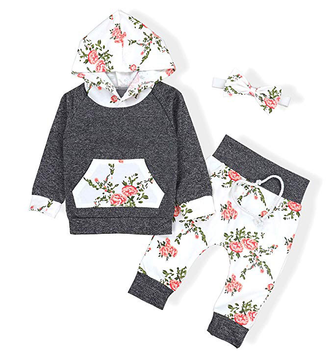 OKlady Long Sleeve Flowers Hoodie Tops and Pants Outfit