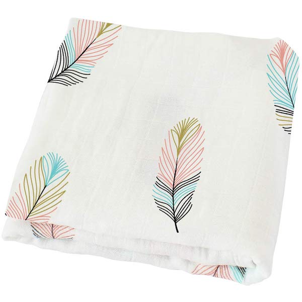 LifeTree Muslin Feather Print Bamboo Cotton Swaddle Wrap