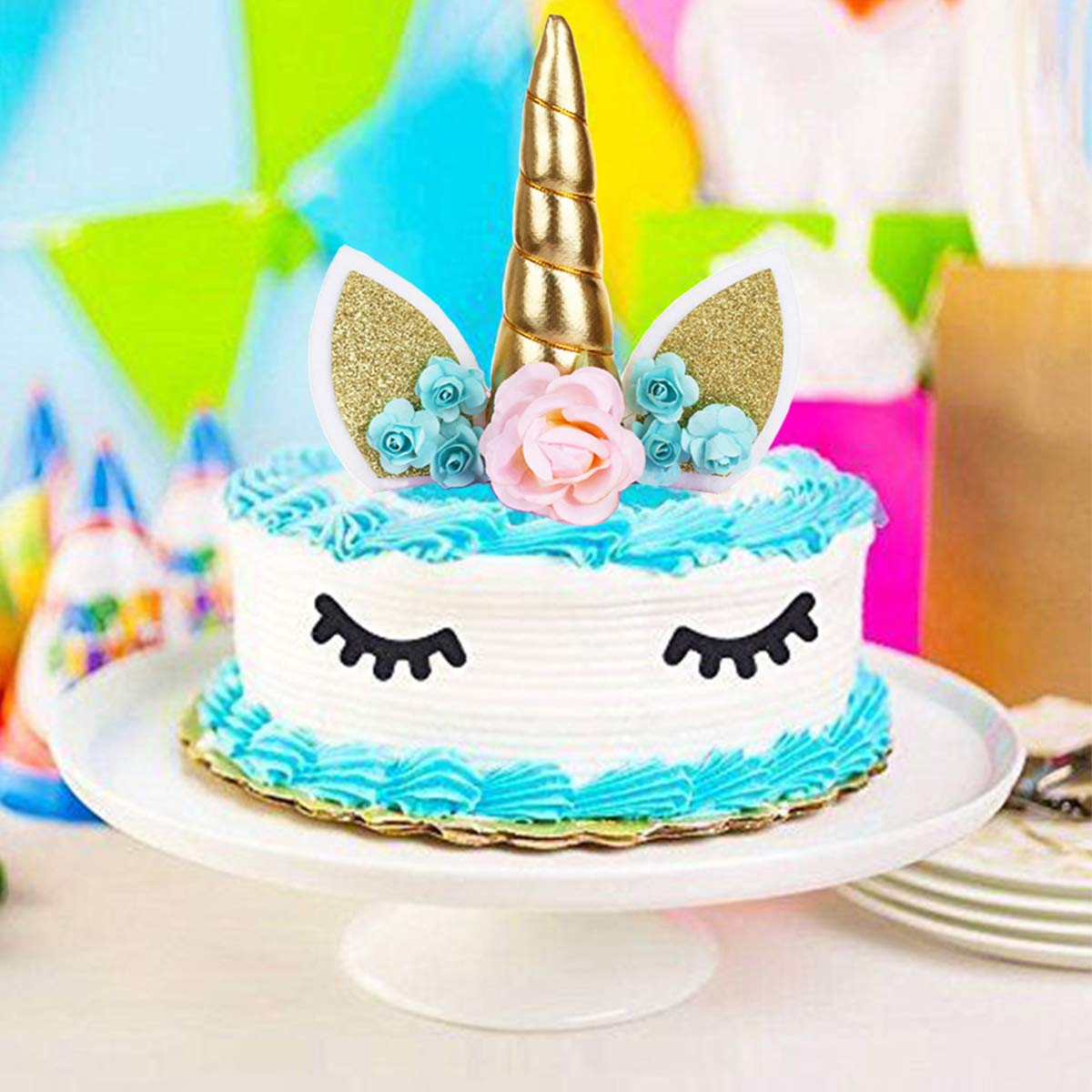 Unicorn Cake Topper with Eyelashes Party Cake 